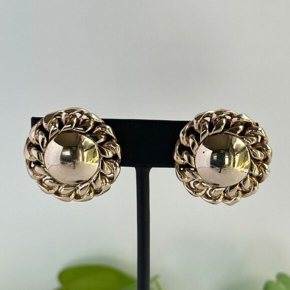 Vintage 1980s 1990s Bergere Gold Tone Round Clip-On Earrings 1 1/8" Signed Retro - Picture 1 of 7